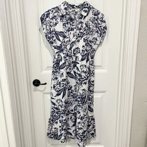Lapogee Linen Blend Blue‎ Floral Midi Dress Womens Large beach Coastal cottage